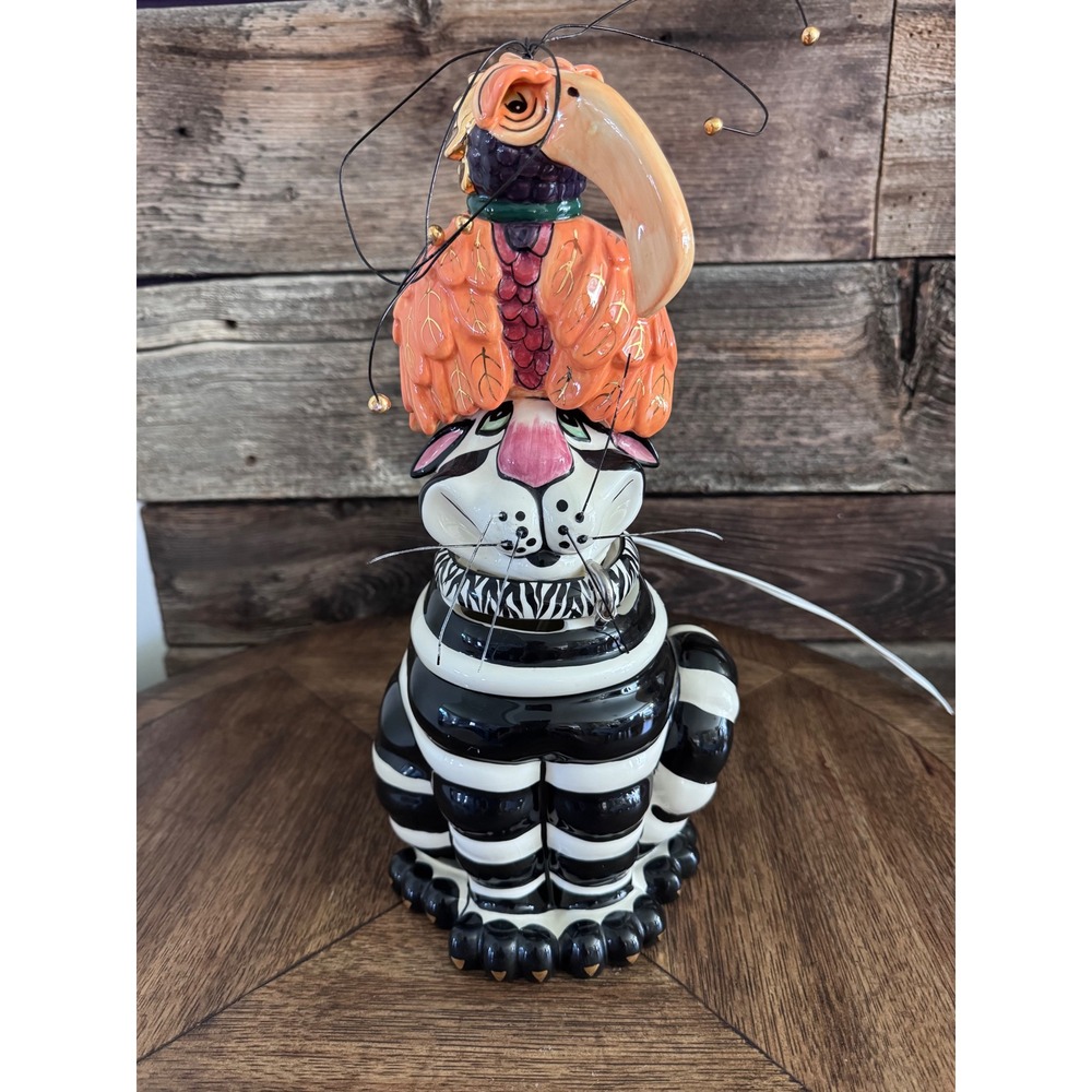 Fitz and Floyd Whimsical Cat with Bird Hat Ceramic Accent Lamp Black White